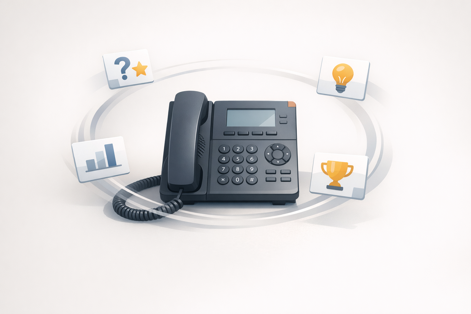 Conceptual illustration of a desk phone with rotating trivia cards representing on-hold messaging variety