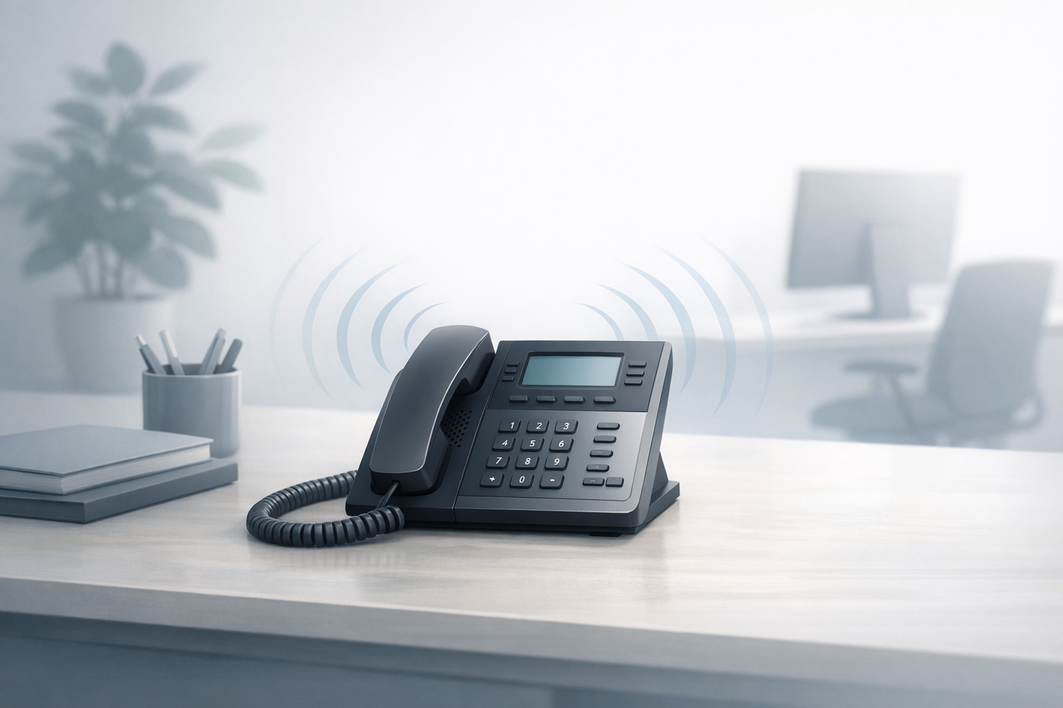 Conceptual illustration of a desk phone with sound waves representing an improved customer call experience