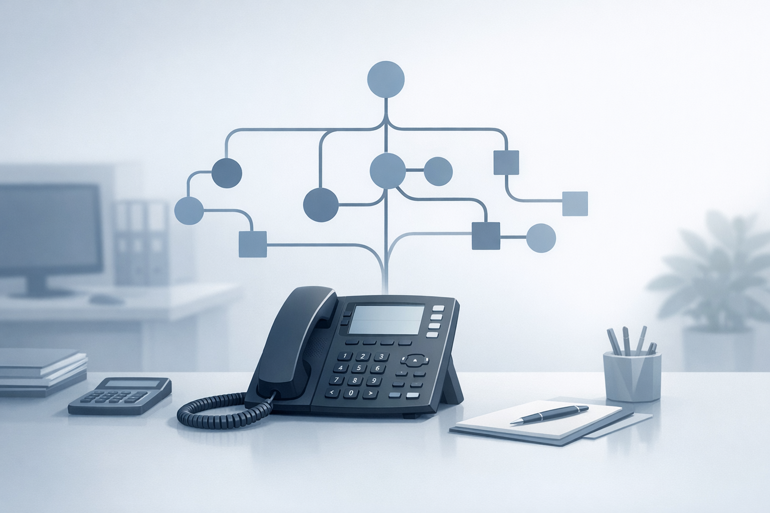 Conceptual illustration of a phone and simplified call-routing flow for tax season in an accounting office