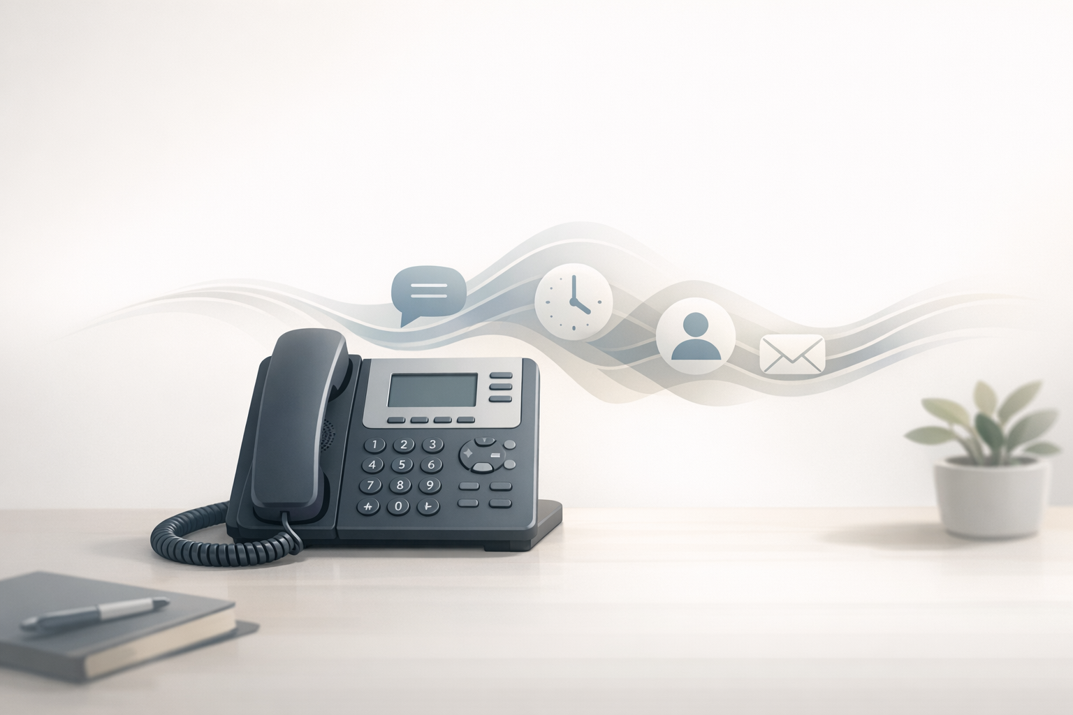 Conceptual illustration of a business phone with sound waves suggesting helpful on-hold information