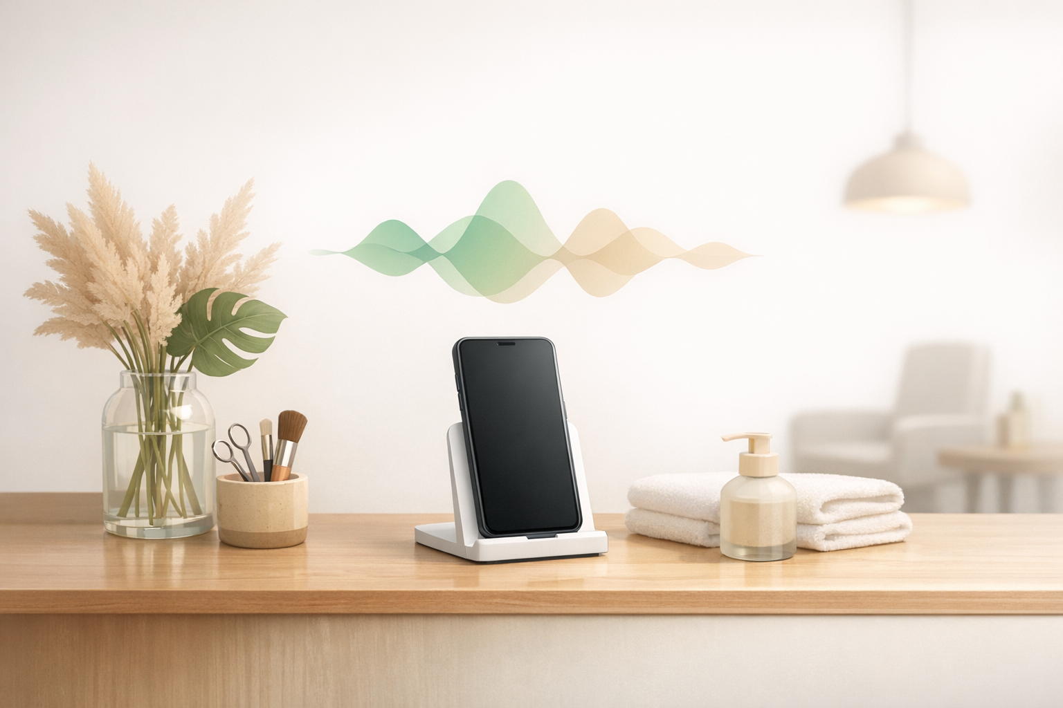 Conceptual illustration of a salon phone setup representing an AI voice system for bookings and on-hold messaging