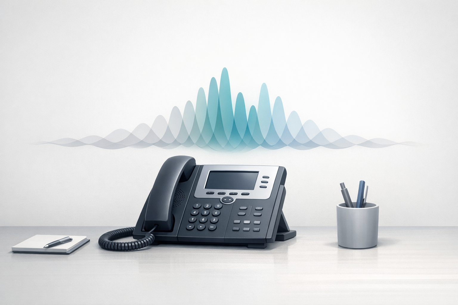 Conceptual illustration of a business phone with sound waves representing a brand-matched AI voice system