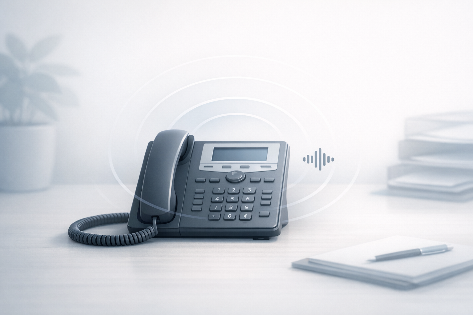 Conceptual illustration of a desk phone with abstract waiting rings and soundwave shapes, representing branded on-hold audio