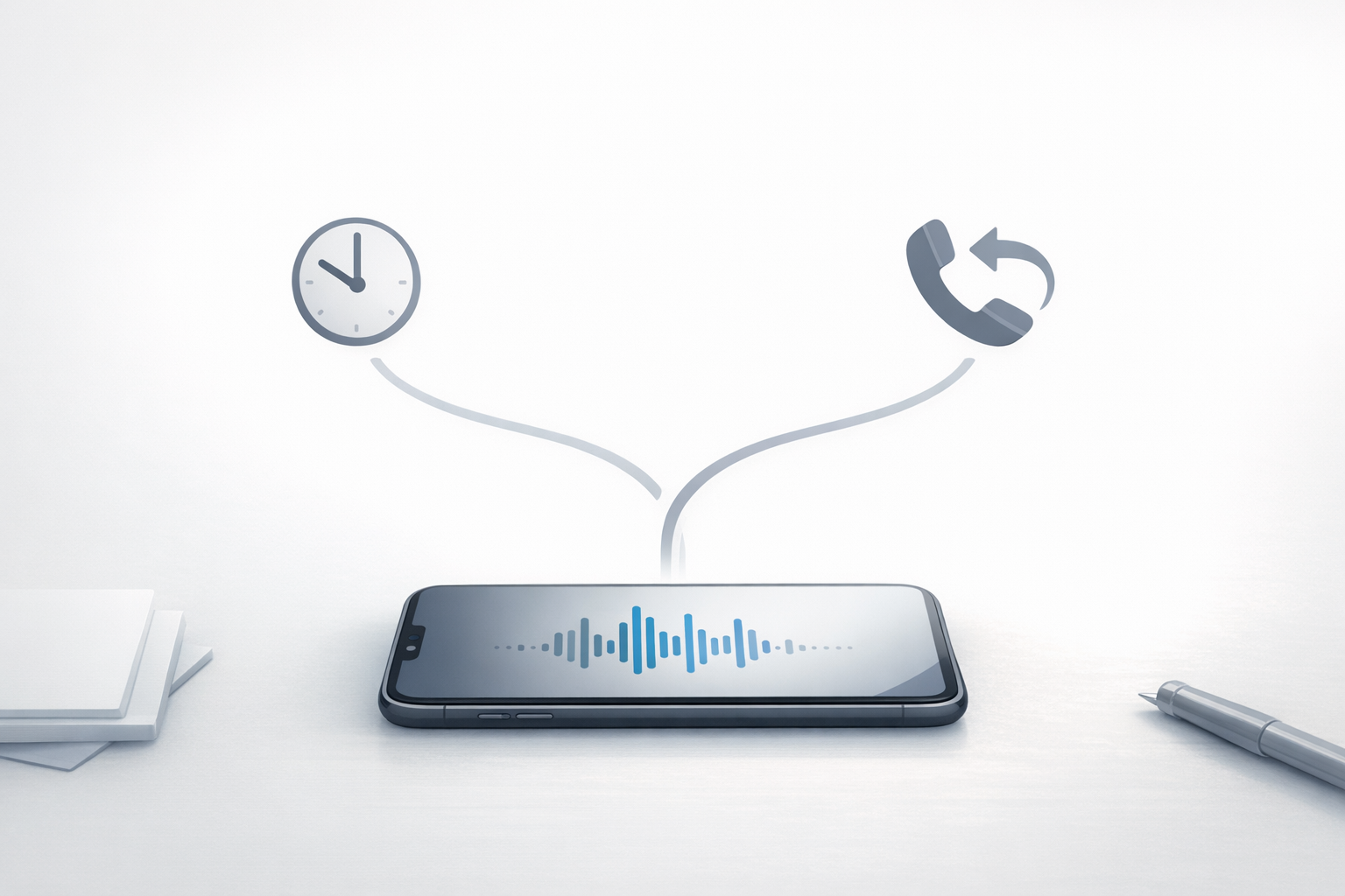 Conceptual illustration of a phone showing the choice between staying on hold and requesting a callback, with a subtle audio waveform.
