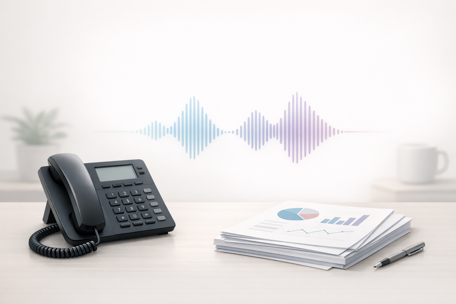 Conceptual illustration of a desk phone and business reports representing a phone system case study.