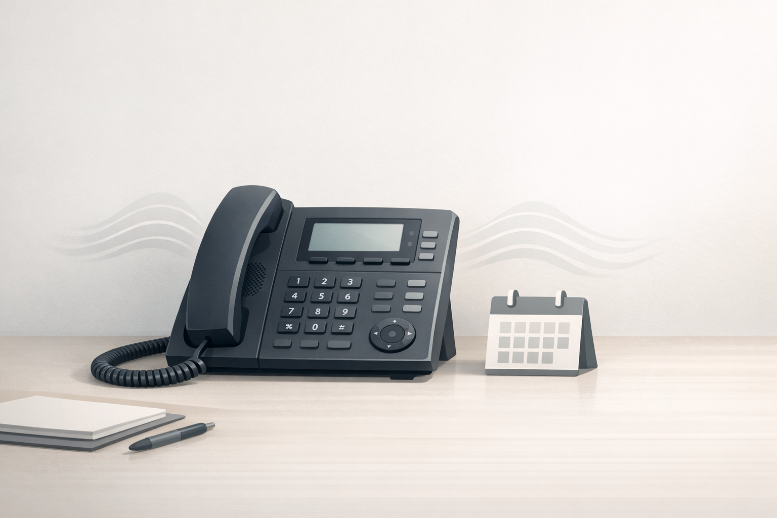 Conceptual illustration of a church office phone with subtle sound waves and a calendar symbol