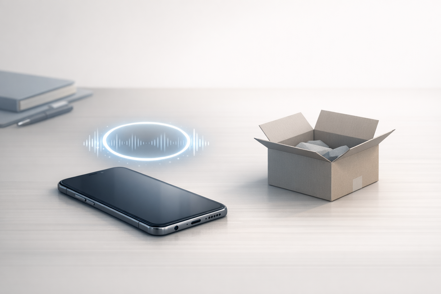 Conceptual illustration of a phone on hold next to a return parcel, representing improving returns calls into exchanges.