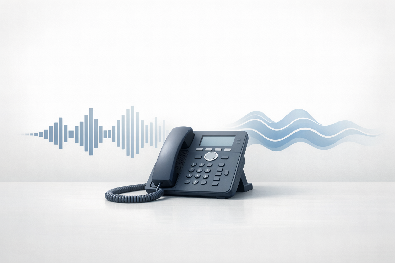 Conceptual illustration of a desk phone with sound waves shifting from robotic to natural.