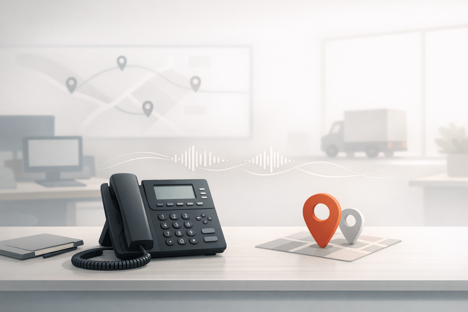 Conceptual illustration of an AI voice system helping a fleet office route calls and manage hold time