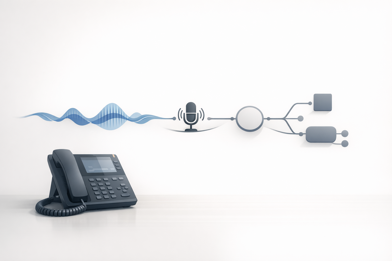 Conceptual illustration comparing AI-generated voice and traditional studio voice recordings for business phone IVR and on-hold audio.