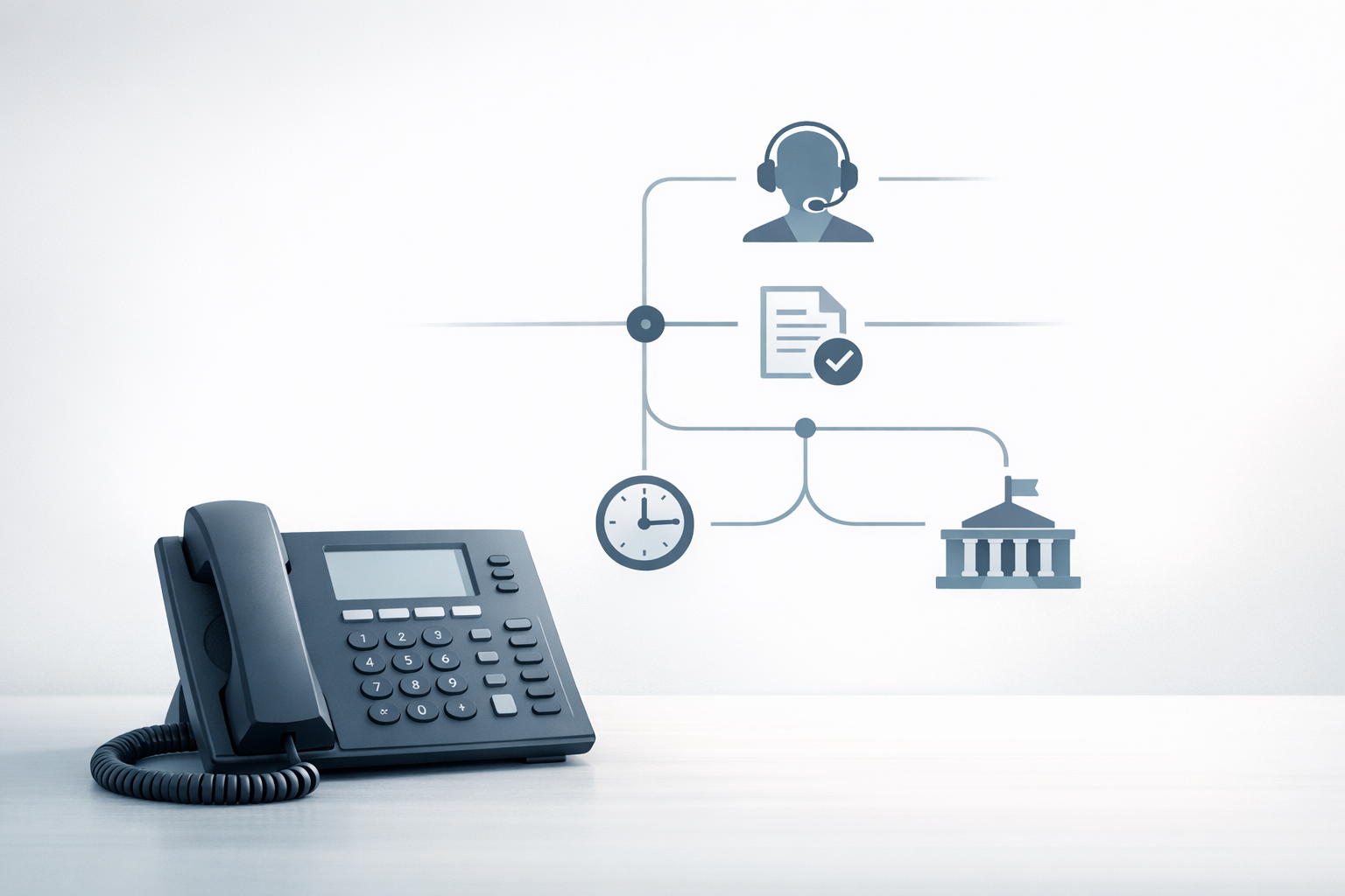 Conceptual illustration of a government phone call flow designed to reduce wait times with an AI voice system