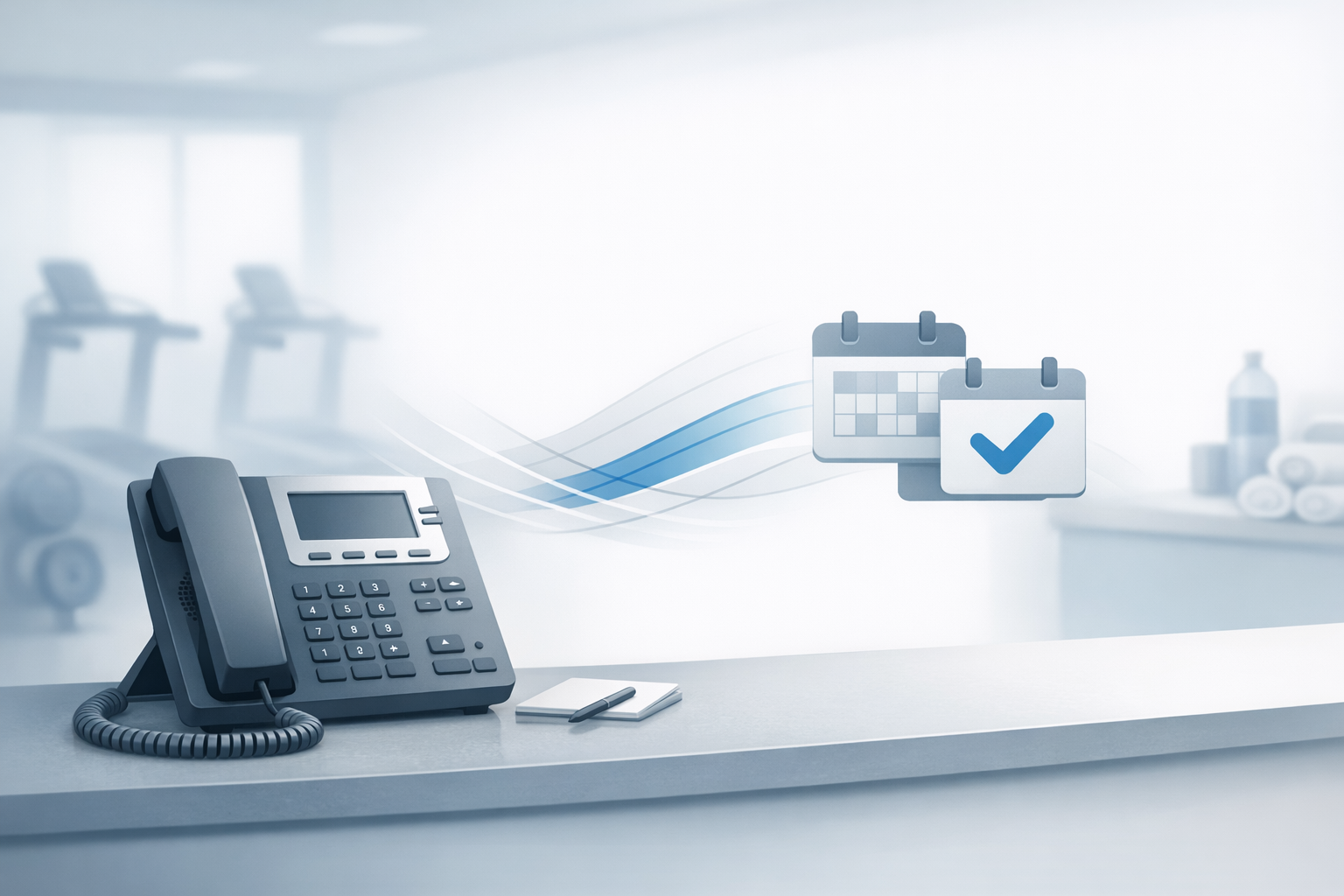 Conceptual illustration of a gym phone with calendar and audio waves representing an AI receptionist announcing class schedules