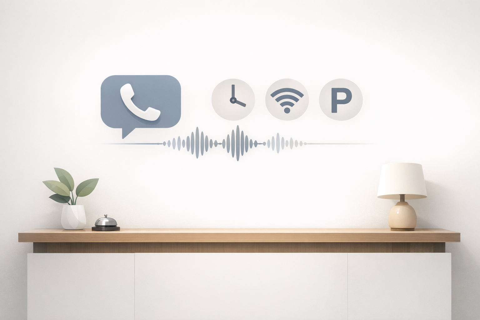 Conceptual illustration of a hotel front desk phone connected to an AI voice system answering common FAQs