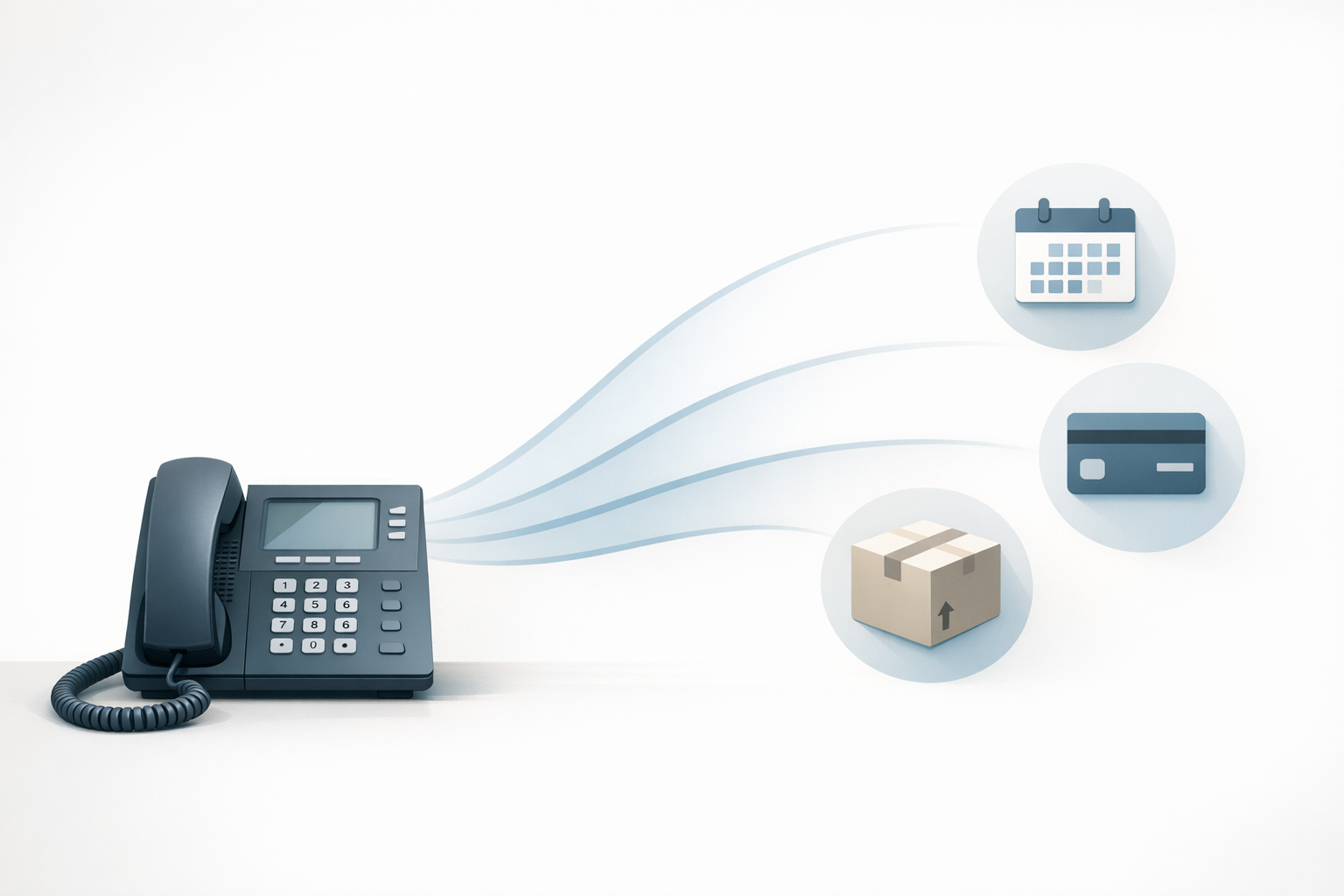 Conceptual illustration of an AI voice system routing callers to scheduling, payments, and order status self-service options