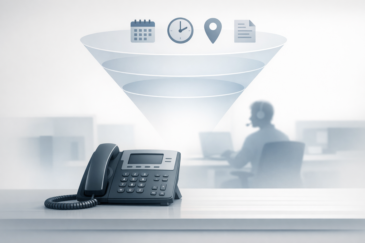 Conceptual illustration of an AI voice system filtering routine phone requests before they reach an agent
