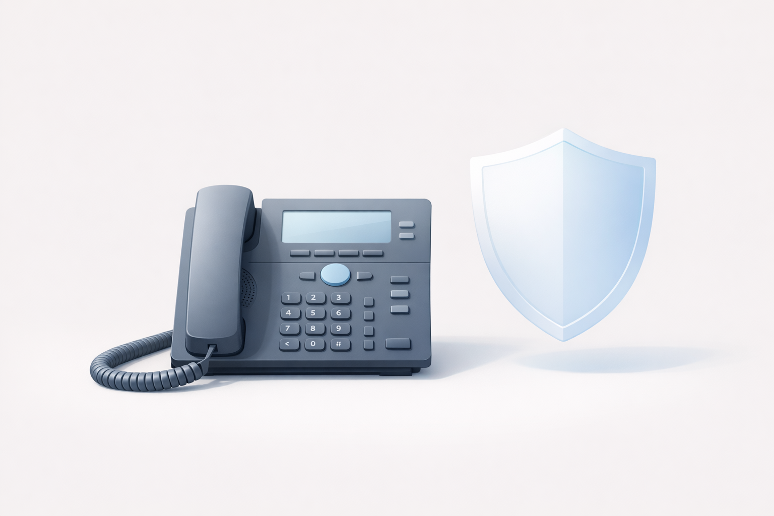 Conceptual illustration of a desk phone with a subtle shield representing a sales-safe AI voice agent