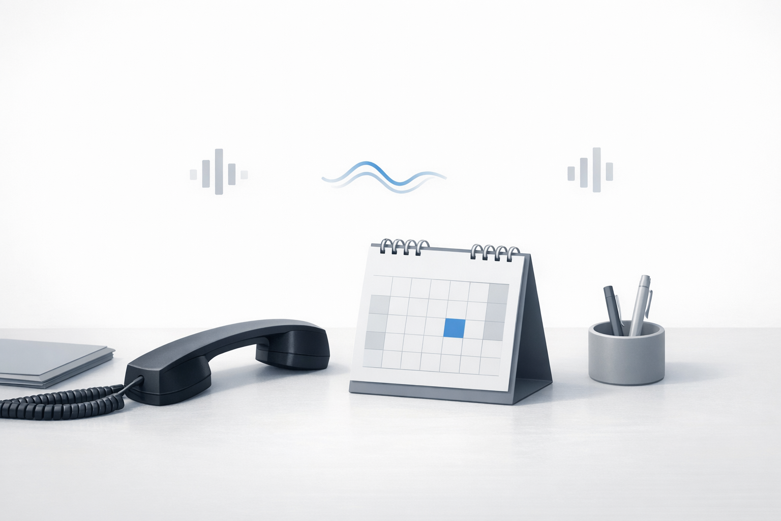 Conceptual illustration of a business phone next to a calendar and subtle soundwave shapes representing campaign-specific on-hold promotions.