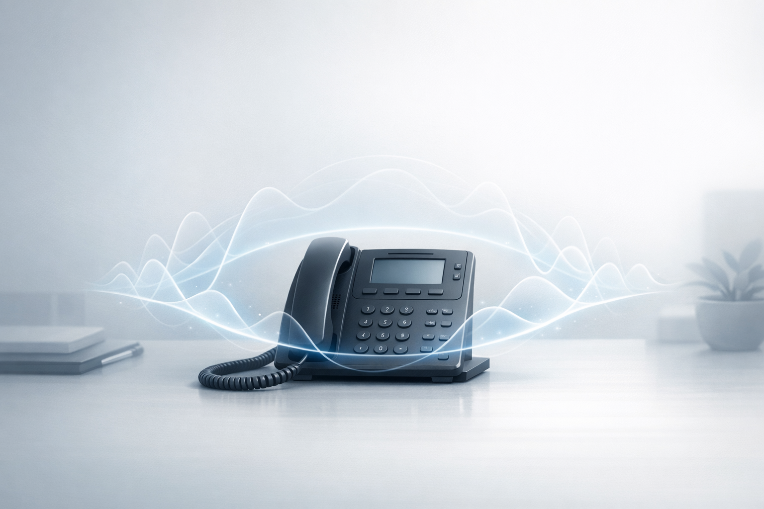 Conceptual illustration of a desk phone with a calm waveform aura representing improved customer call experience before answering.