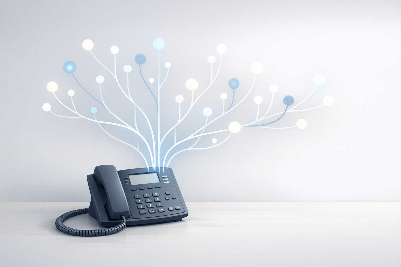 Conceptual illustration of a desk phone with branching lines representing smarter call routing to reduce missed calls.