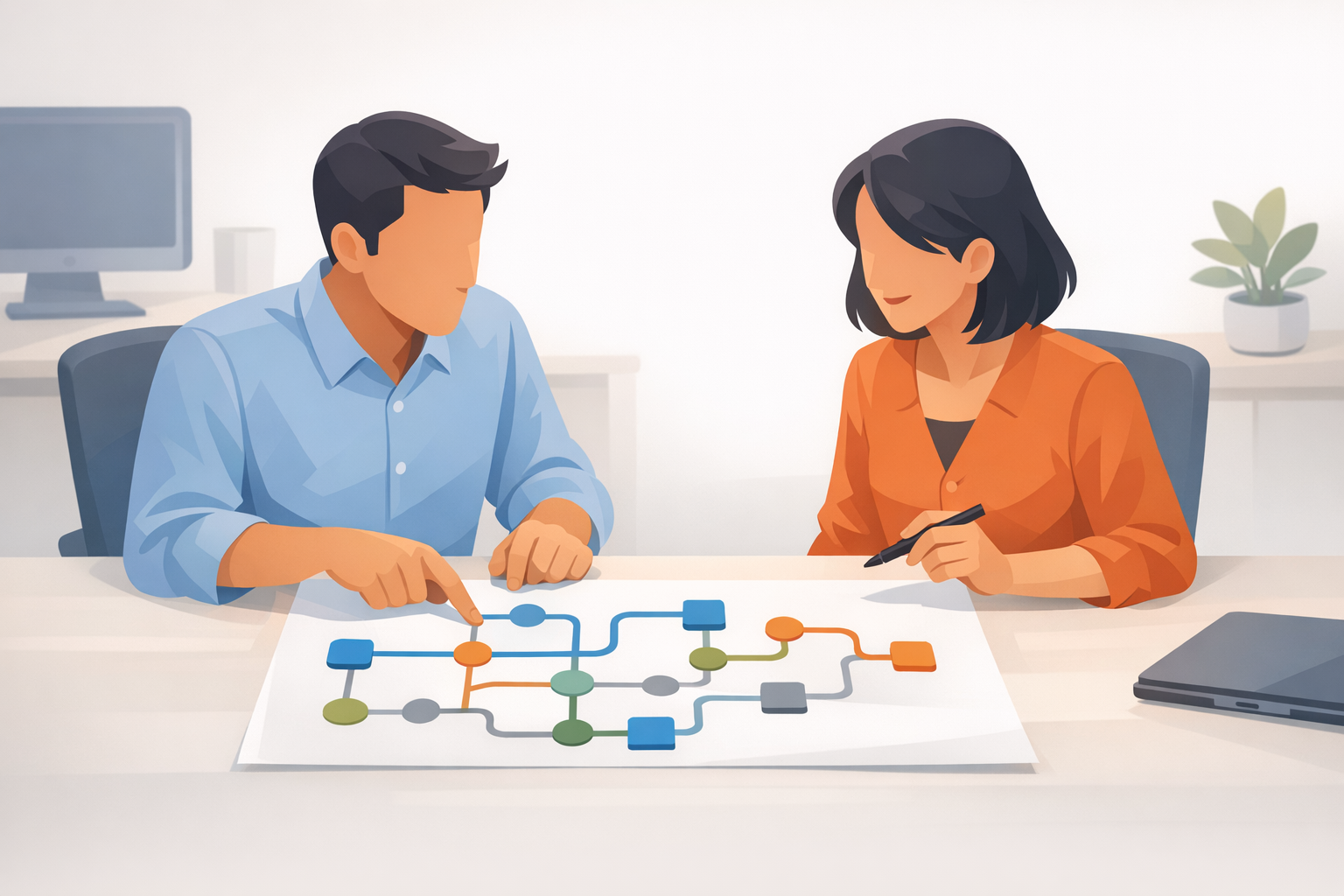 Conceptual illustration of two office team members with a simple call routing map on a desk, minimal modern style, neutral background