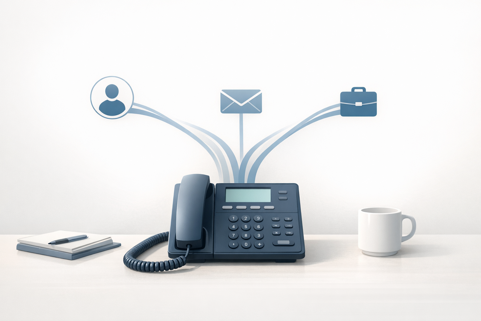 Conceptual illustration of a business phone with clear call routing paths to reduce transfers