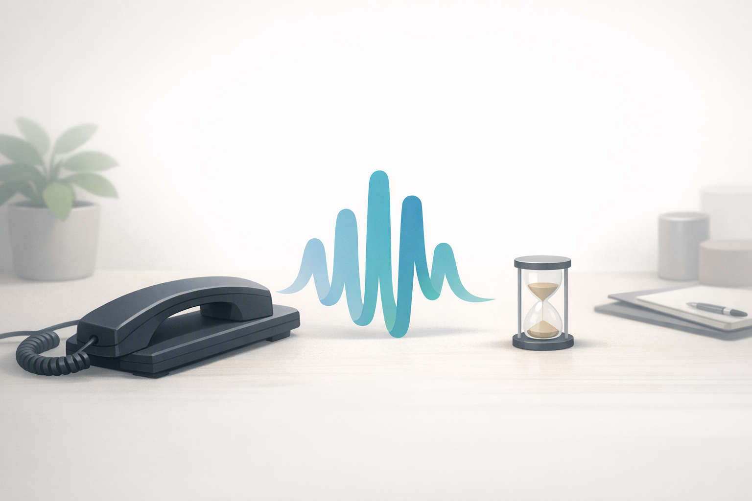 Conceptual illustration of a business phone with subtle sound waves and an hourglass, representing improved on-hold messaging and wait expectations.