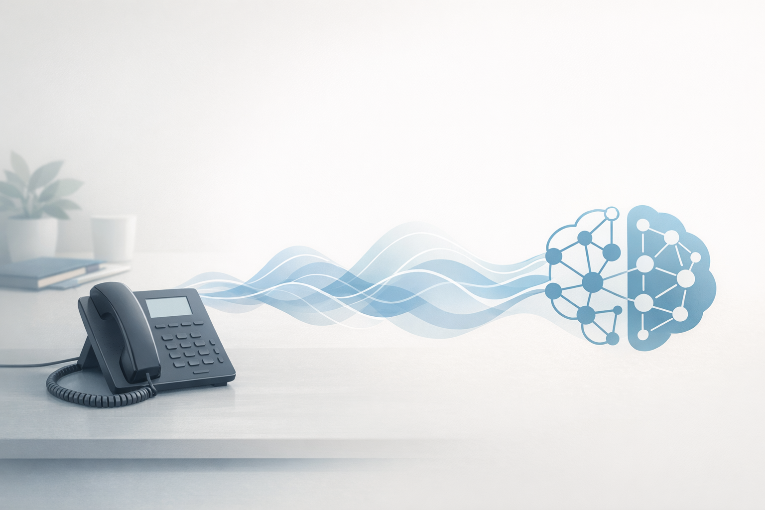 Conceptual illustration of a business phone connected to an AI voice system