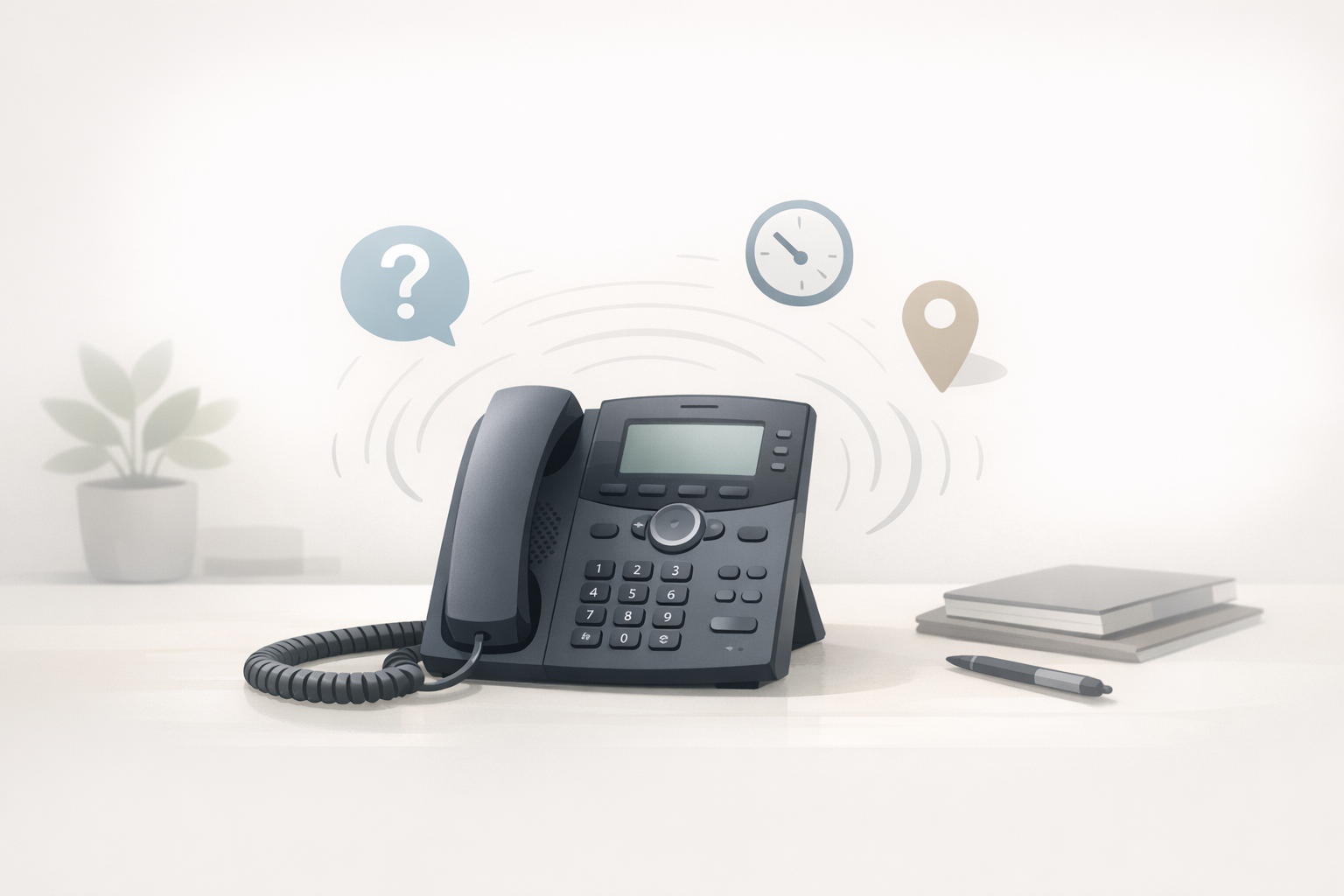 Conceptual illustration of a desk phone with subtle sound waves and FAQ icons representing call deflection