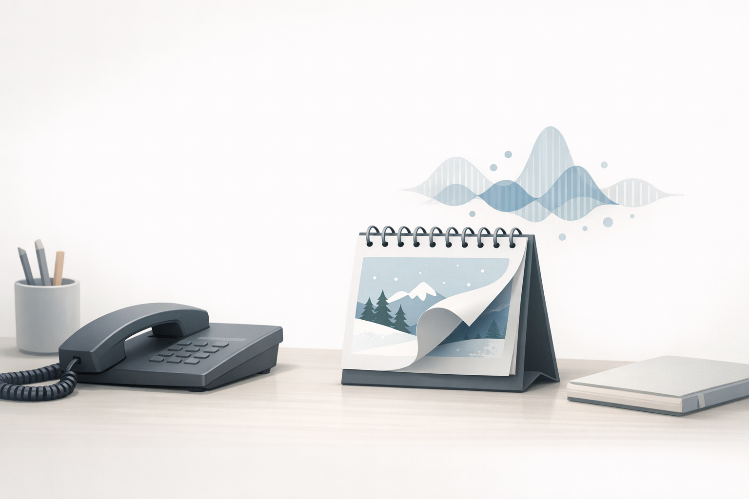 Conceptual illustration of a business phone and seasonal calendar indicating easy updates to phone messages.