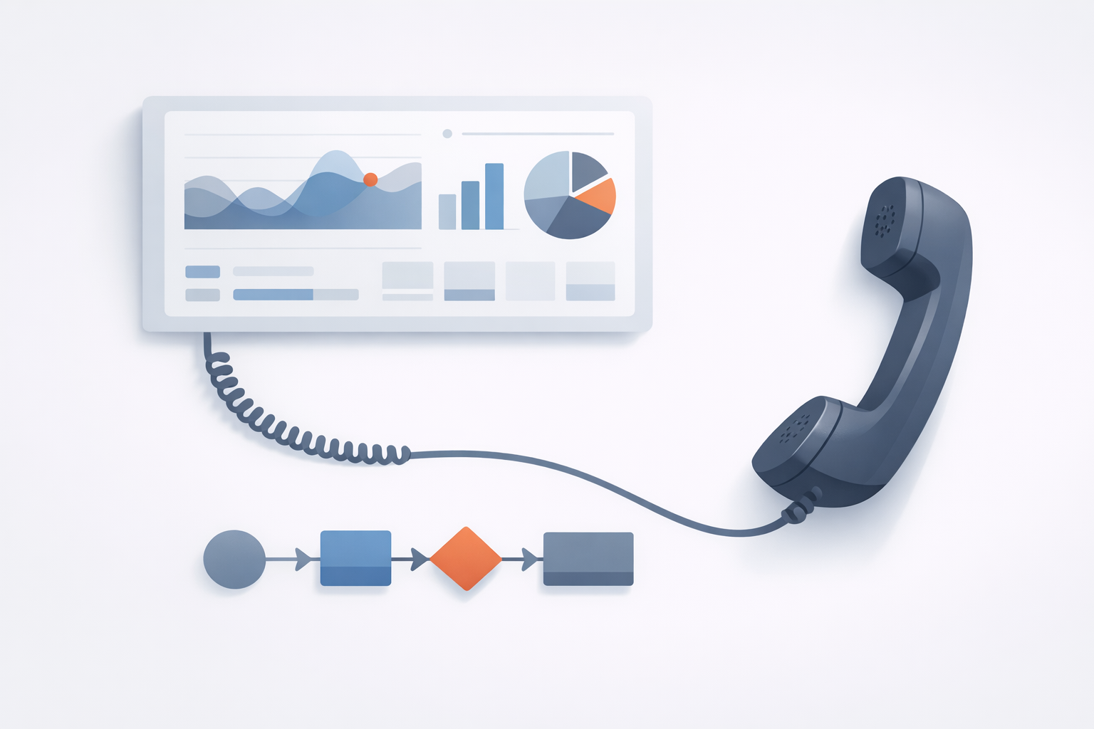 Conceptual illustration of call analytics insights connecting to a phone and a process map