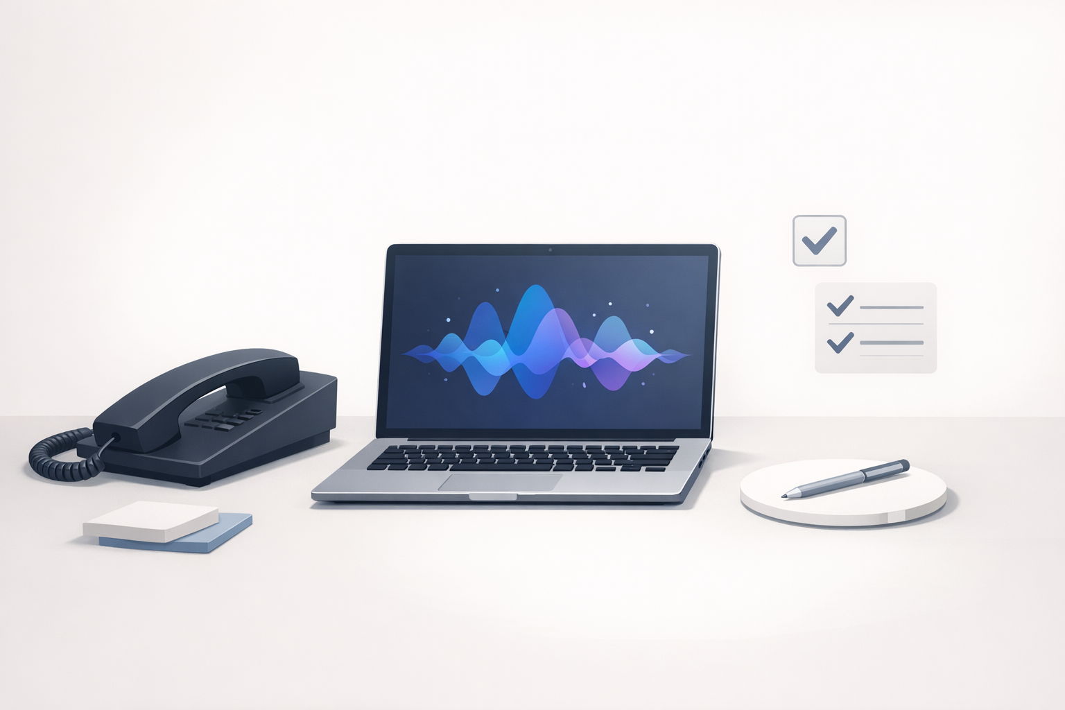 Conceptual illustration of a desk phone and laptop with an abstract waveform representing call recordings used for faster team training.