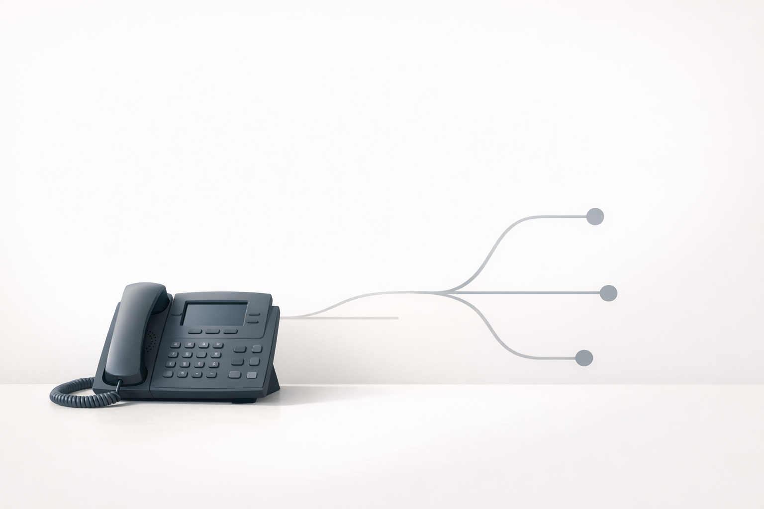 Conceptual illustration of a desk phone with simple branching paths representing polite IVR call routing