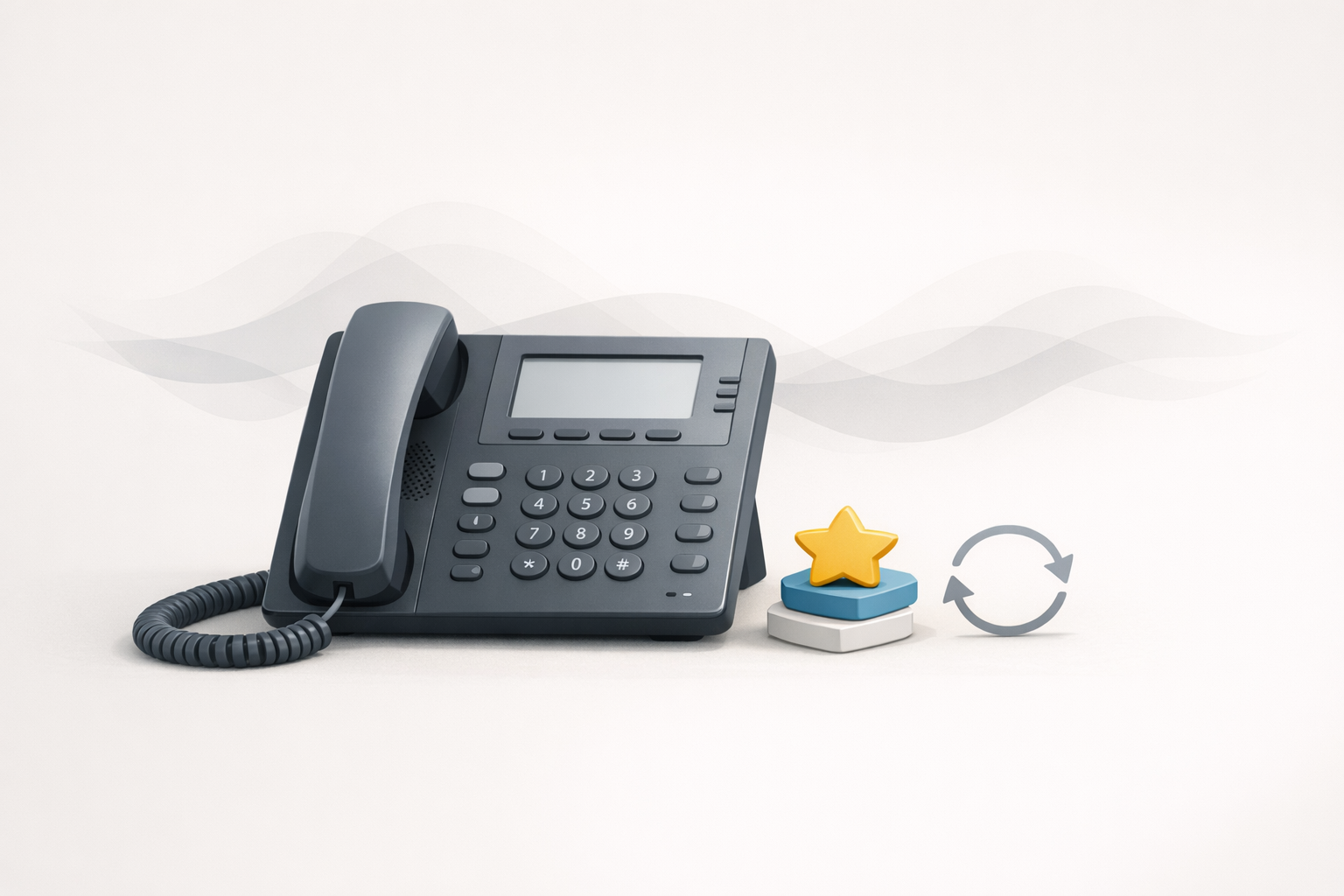 Conceptual illustration of a desk phone with sound waves and star tokens representing reviews and rotating on-hold messages