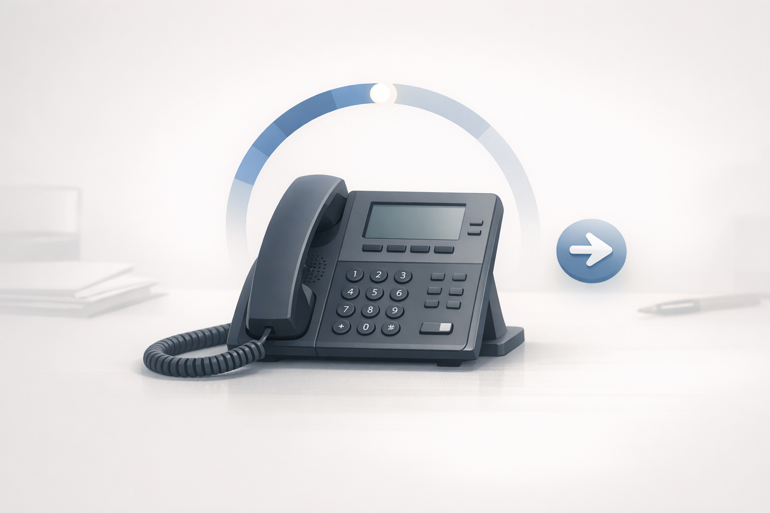 Conceptual illustration of a business phone on hold with a simple action cue