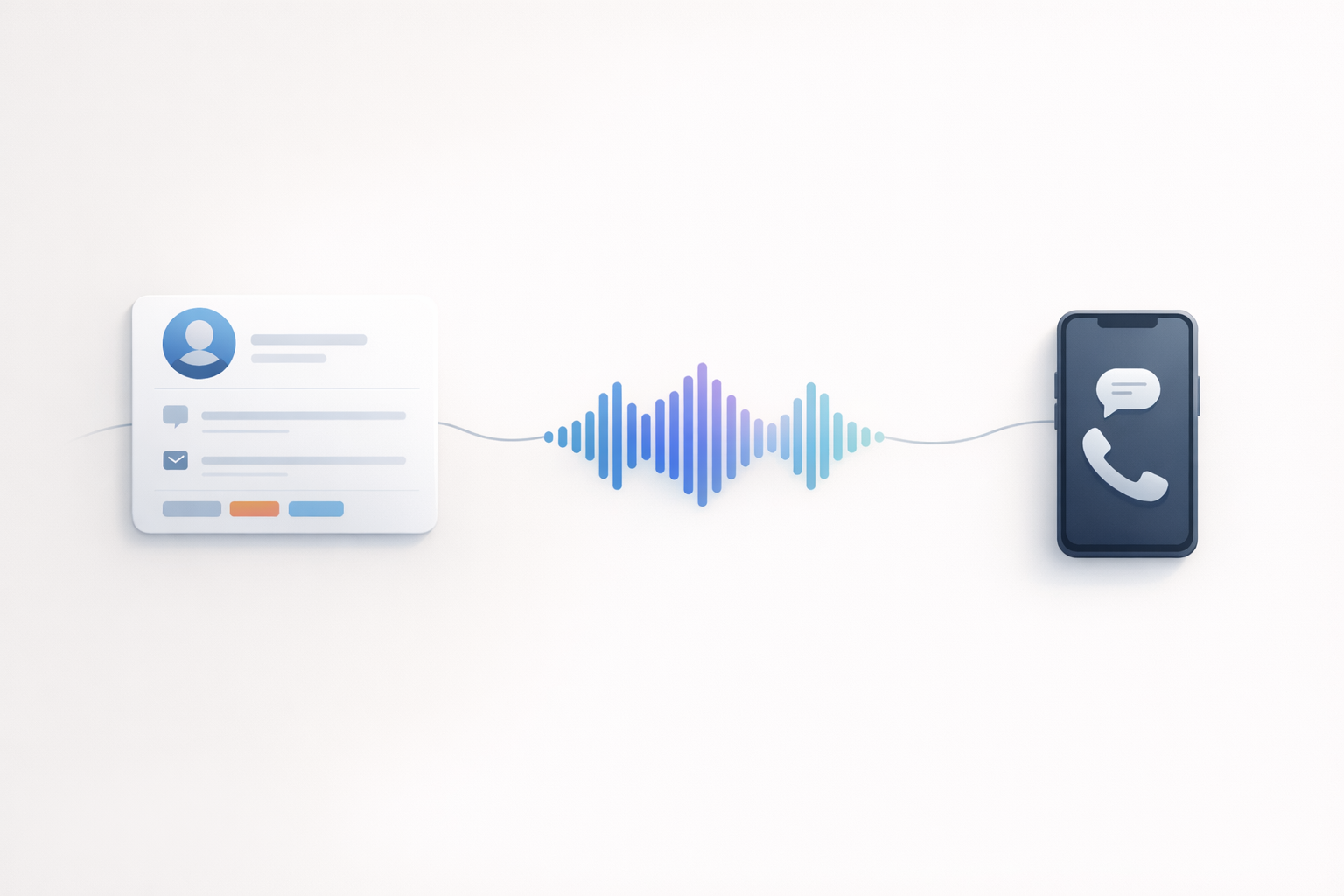 Conceptual illustration of a CRM card connecting to a phone waveform via simple lines, neutral background, soft lighting