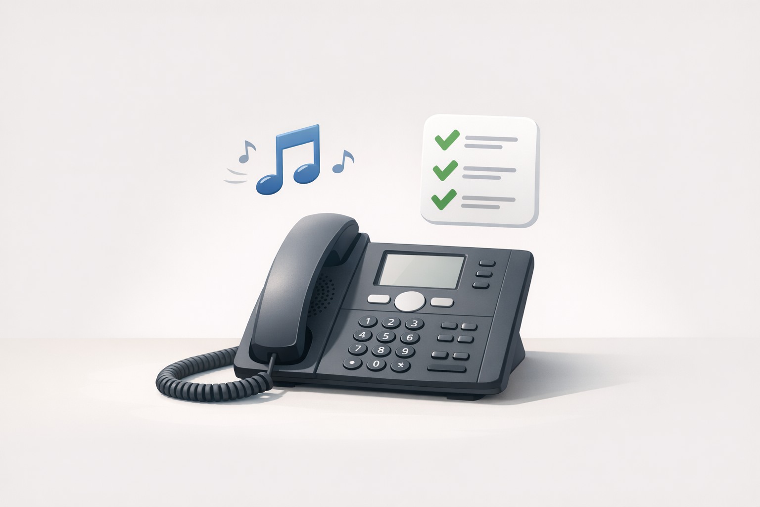 Conceptual illustration of an office desk phone with a subtle music note and a checklist icon floating above, minimal clutter, neutral background, soft lighting