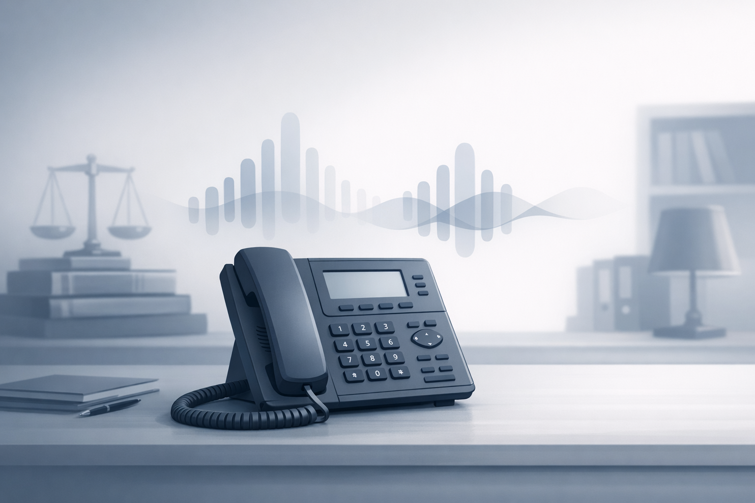 Conceptual illustration of a law office phone with subtle sound waves representing on-hold messaging