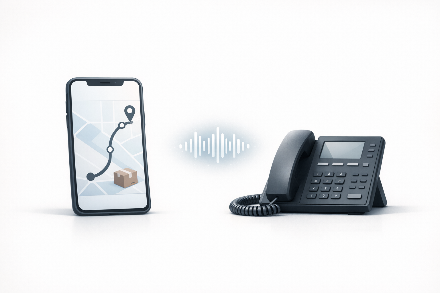 Conceptual illustration of a desk phone and smartphone representing self-serve shipment tracking by voice