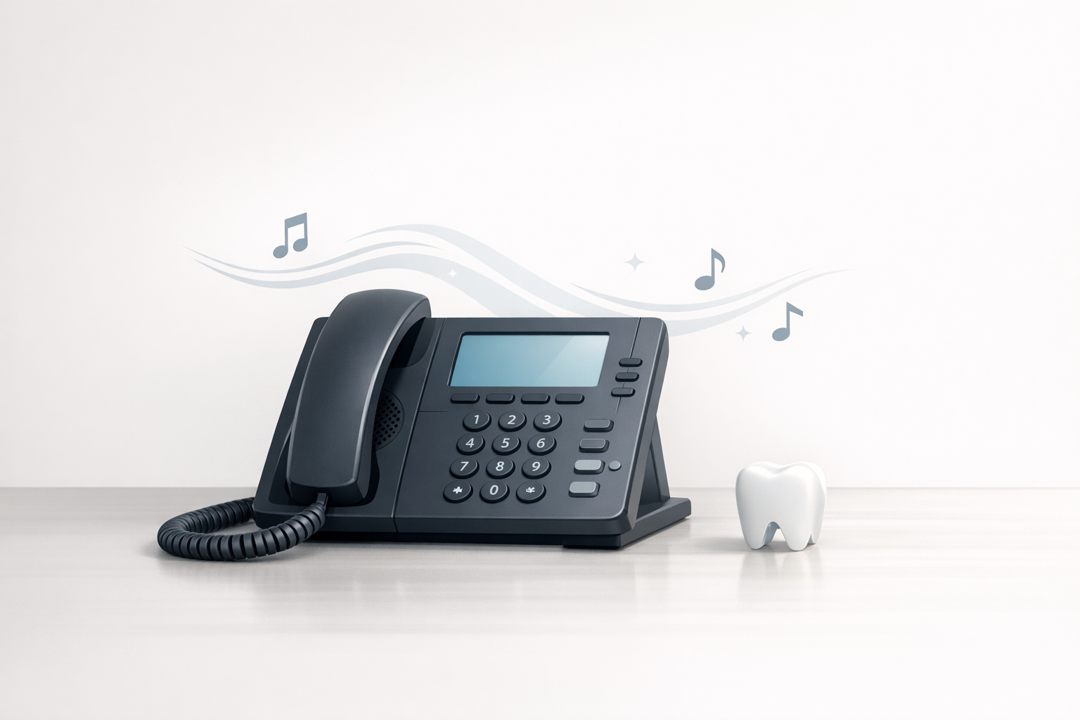 Clean conceptual illustration of a dental front desk phone with soft music notes, neutral background, minimal clutter, no text