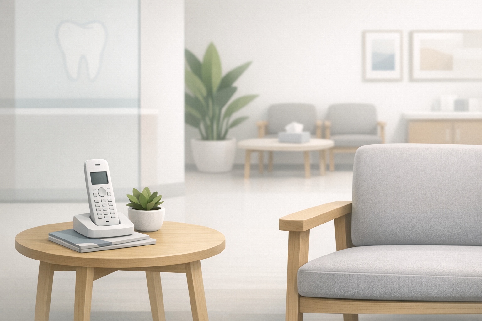 Clean conceptual illustration of a calm dental office waiting area with a phone on a side table, soft lighting, neutral background, no text