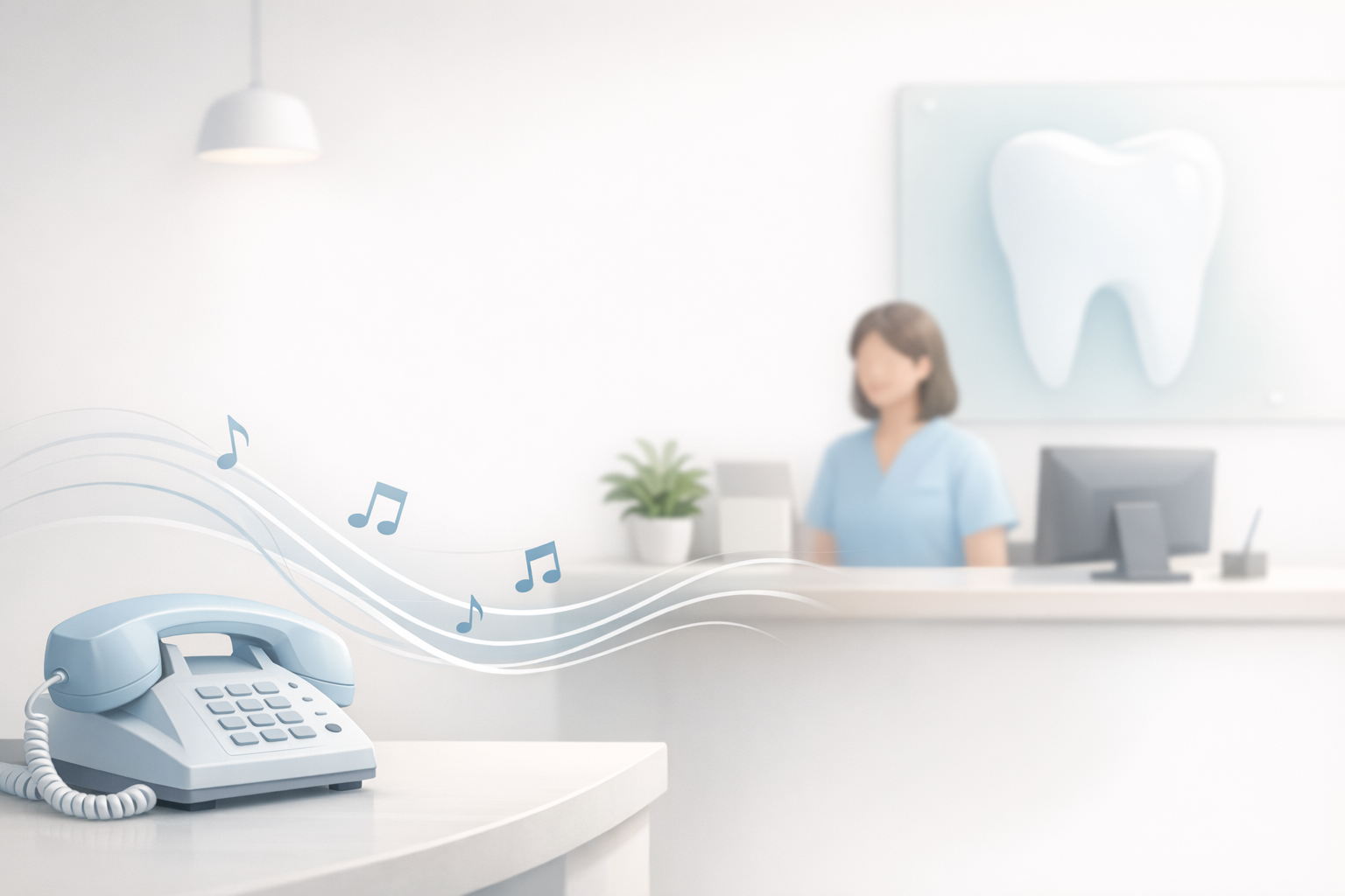 Conceptual illustration of a dental office phone representing on-hold messaging for dental practices