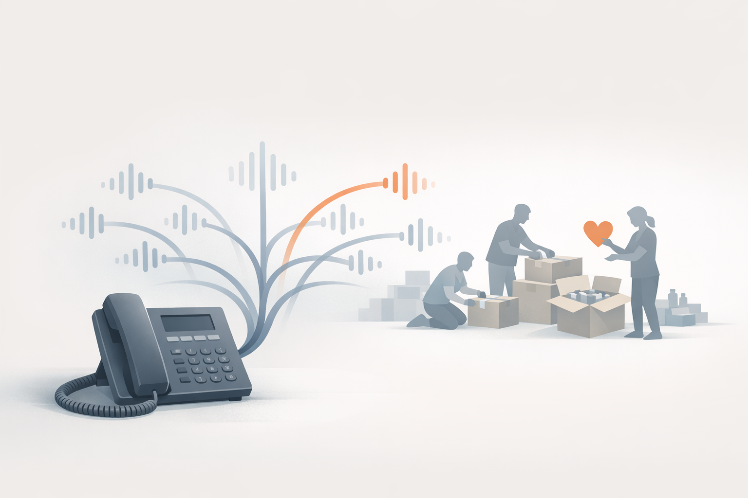 Conceptual illustration of a desk phone with sound waves forming a phone tree path toward volunteers.