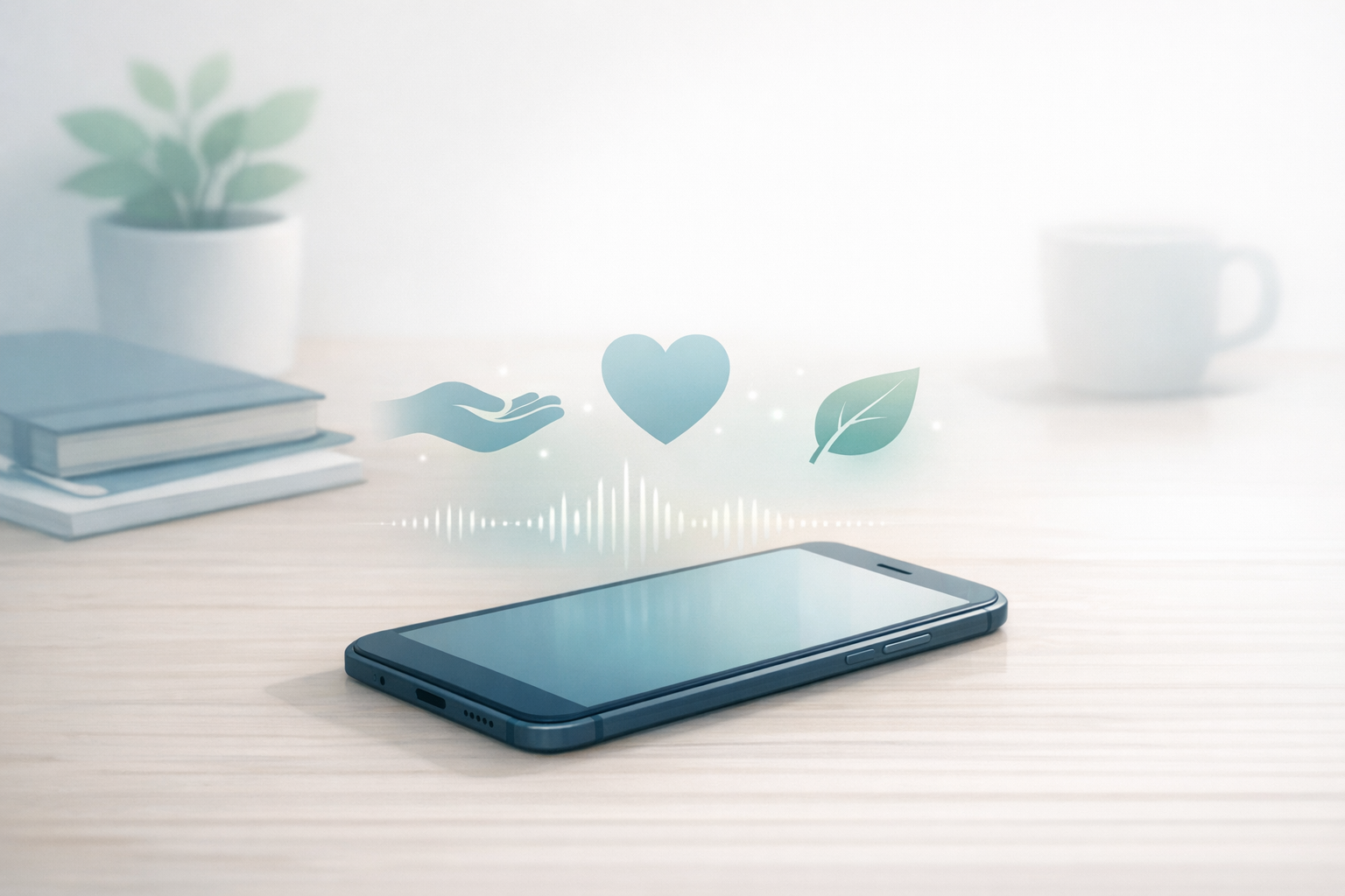 Conceptual illustration of a nonprofit phone call on hold with subtle impact icons and audio waves