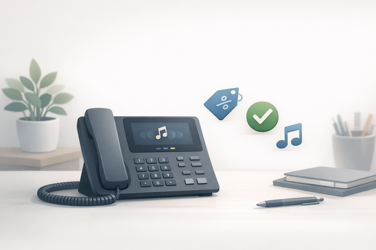 Conceptual illustration of a business phone on hold with subtle icons representing trustworthy upsell messaging