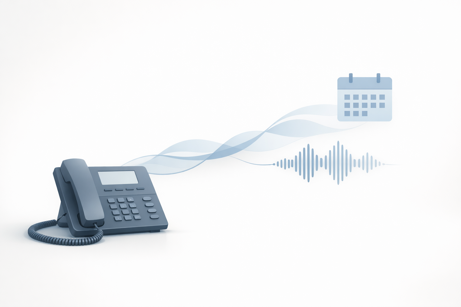 Conceptual illustration of an AI voice system booking appointments with a phone, calendar, and audio waveform.