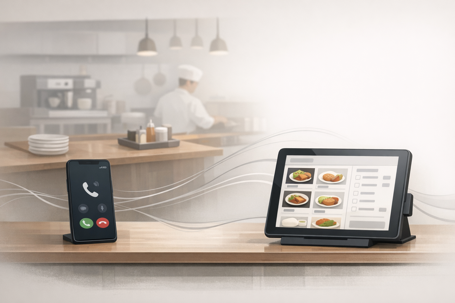 Conceptual illustration of a restaurant phone call connecting to an online ordering interface