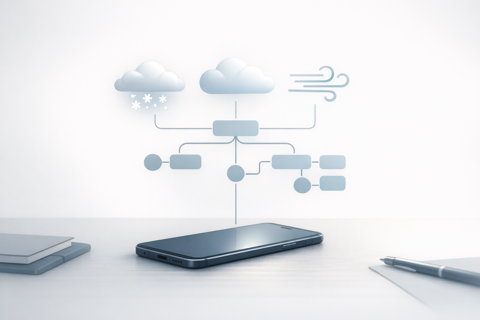 Conceptual illustration of a phone with weather disruption icons and a simple call-routing path