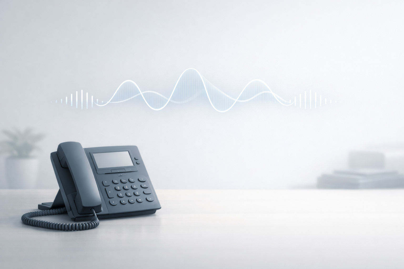 Conceptual illustration of a desk phone with a looping sound wave, representing on-hold messaging and tone