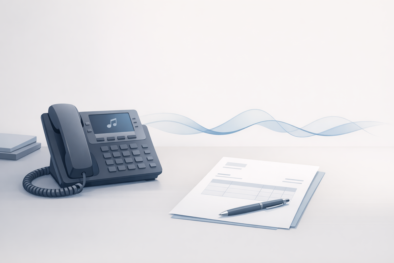 Conceptual illustration of a desk phone on hold next to a generic invoice document