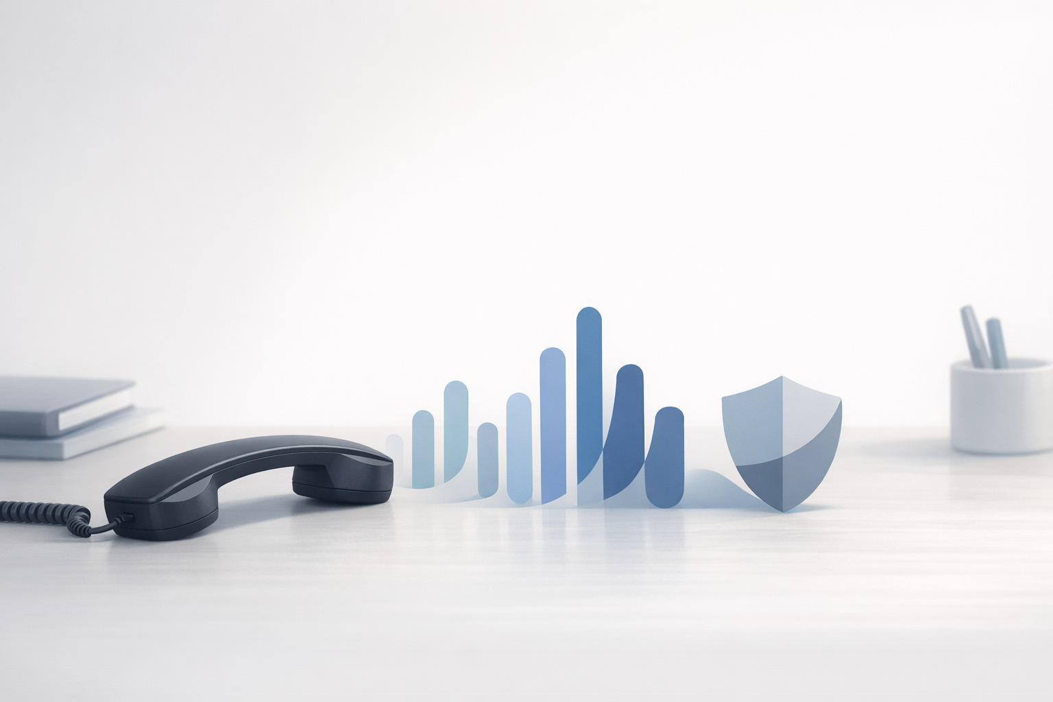 Conceptual illustration of a business phone with subtle audio waves, representing on-hold messaging that prevents disputes.